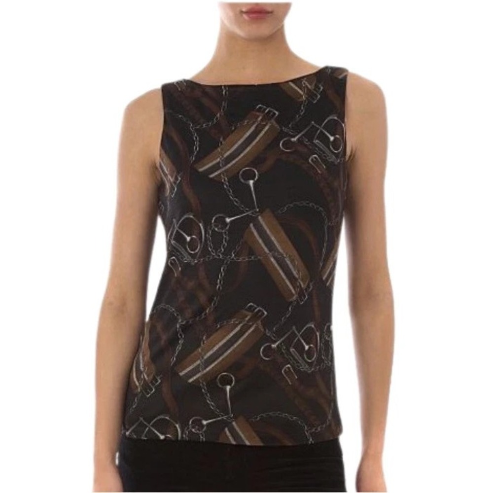 Lauren Ralph Lauren‎ Blouse Women's 2X Brown Buckle Print Silk Sleeveless Top
